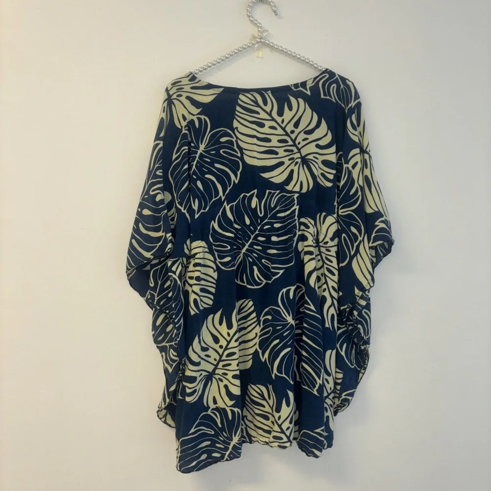 NaPua Collection Womens Tropical Leaf Print Hawaiian Tunic Top One Size Blue Y2k